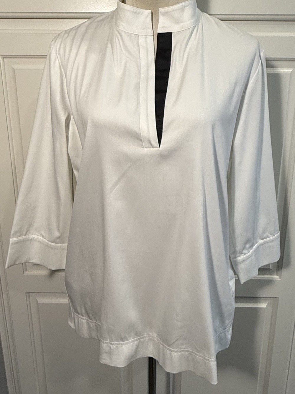 Ming Wang Womens XS White Grosgrain Ribbon Trim Blouse Side Slit Pleat